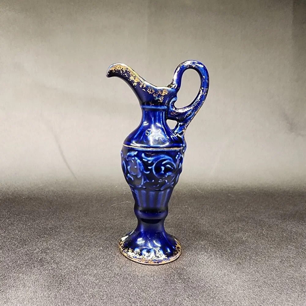 Dark  Blue with Gold accents Miniature Vase 4.5 inches Tall Unmarked